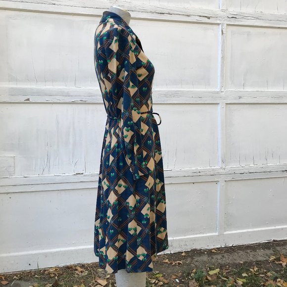 Holt Renfrew Acrylic Knit Dress Green Car Print Vintage 1300 Collection 1970s - Picture 4 of 9